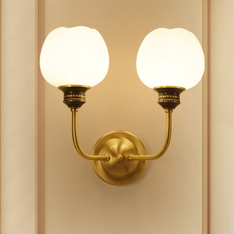 Gold Antique Sconce Light Fixture with Milky Glass Bud - Wall Mounted Lamp for Living Room