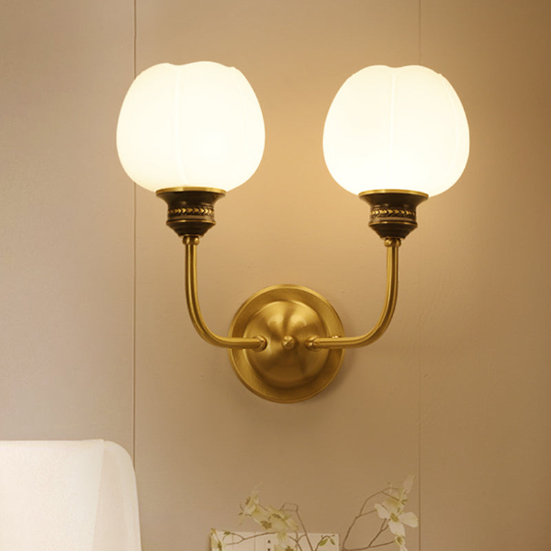 Gold Antique Sconce Light Fixture with Milky Glass Bud - Wall Mounted Lamp for Living Room