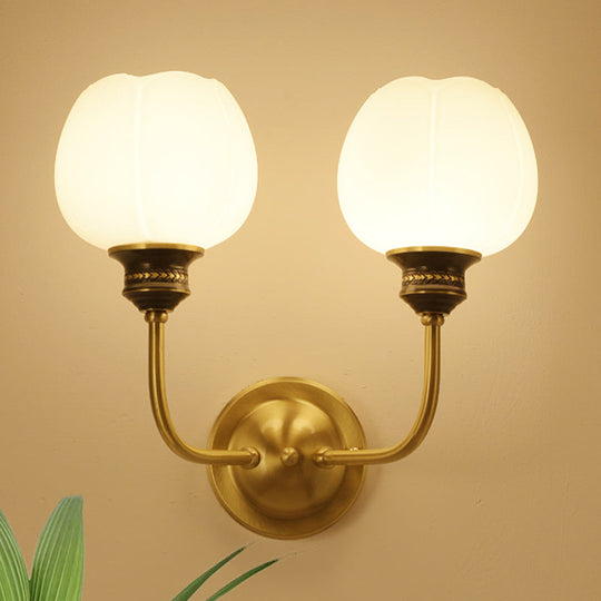 Gold Antique Sconce Light Fixture with Milky Glass Bud - Wall Mounted Lamp for Living Room