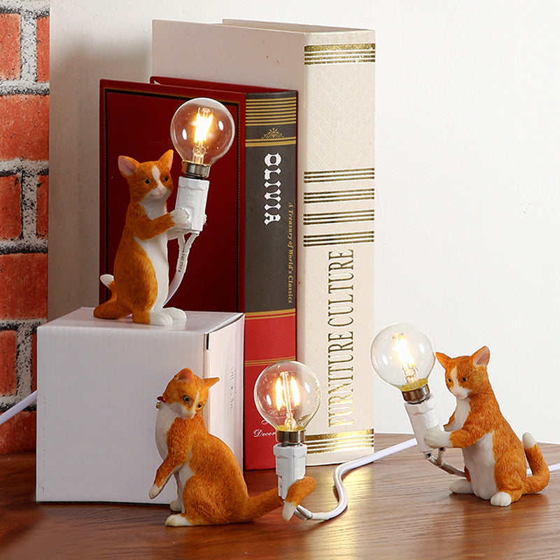 Tabby Cat Table Lamp for Kids - Iron Nightstand Light with Bare Bulb Design, Black/Yellow/Blue