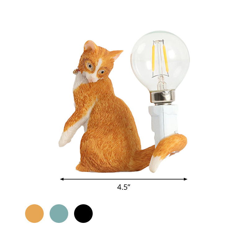 Tabby Cat Table Lamp for Kids - Iron Nightstand Light with Bare Bulb Design, Black/Yellow/Blue