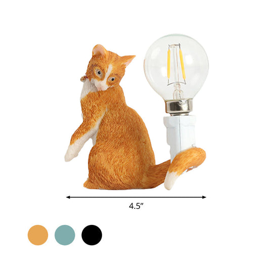 Tabby Cat Table Lamp for Kids - Iron Nightstand Light with Bare Bulb Design, Black/Yellow/Blue