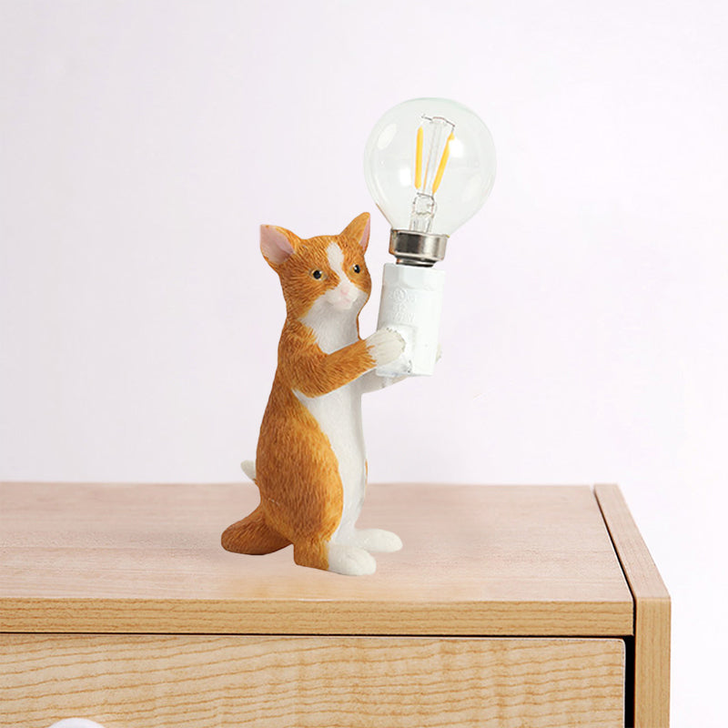 Tabby Cat Table Lamp for Kids - Iron Nightstand Light with Bare Bulb Design, Black/Yellow/Blue