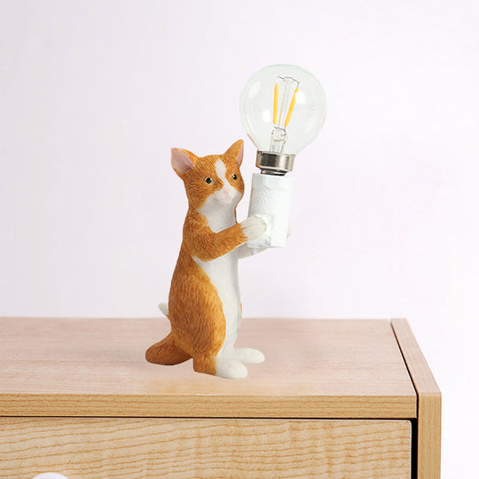Tabby Cat Table Lamp for Kids - Iron Nightstand Light with Bare Bulb Design, Black/Yellow/Blue