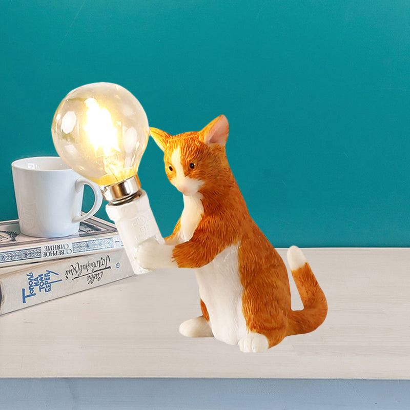Tabby Cat Table Lamp for Kids - Iron Nightstand Light with Bare Bulb Design, Black/Yellow/Blue