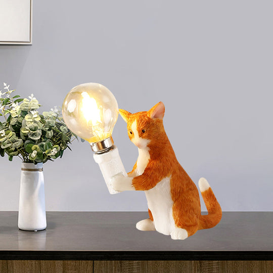 Tabby Cat Table Lamp for Kids - Iron Nightstand Light with Bare Bulb Design, Black/Yellow/Blue