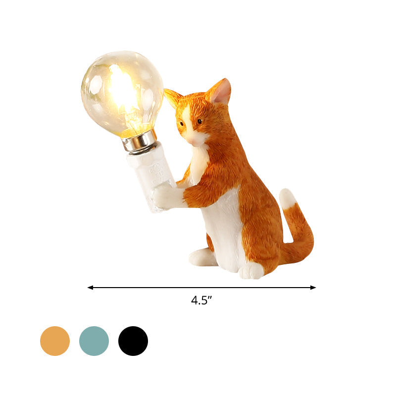 Tabby Cat Table Lamp for Kids - Iron Nightstand Light with Bare Bulb Design, Black/Yellow/Blue
