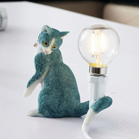 Tabby Cat Table Lamp for Kids - Iron Nightstand Light with Bare Bulb Design, Black/Yellow/Blue