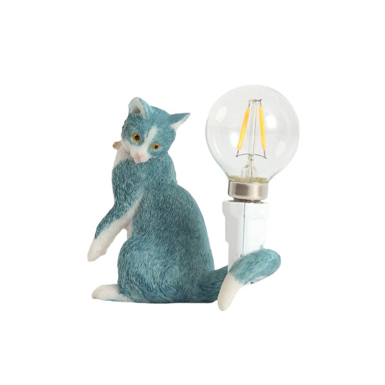 Tabby Cat Table Lamp for Kids - Iron Nightstand Light with Bare Bulb Design, Black/Yellow/Blue