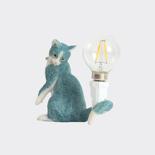 Tabby Cat Table Lamp for Kids - Iron Nightstand Light with Bare Bulb Design, Black/Yellow/Blue