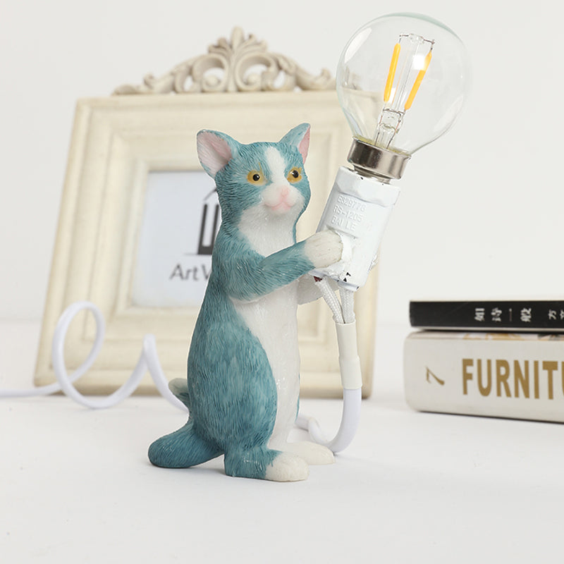 Tabby Cat Table Lamp for Kids - Iron Nightstand Light with Bare Bulb Design, Black/Yellow/Blue