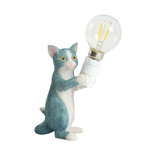 Tabby Cat Table Lamp for Kids - Iron Nightstand Light with Bare Bulb Design, Black/Yellow/Blue