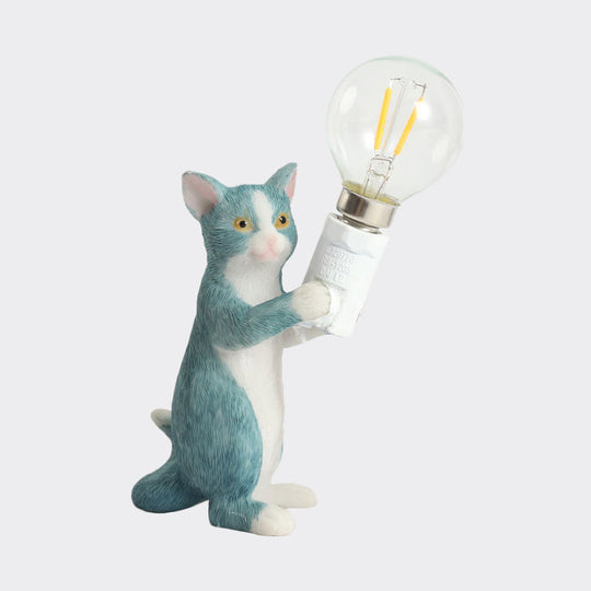 Tabby Cat Table Lamp for Kids - Iron Nightstand Light with Bare Bulb Design, Black/Yellow/Blue