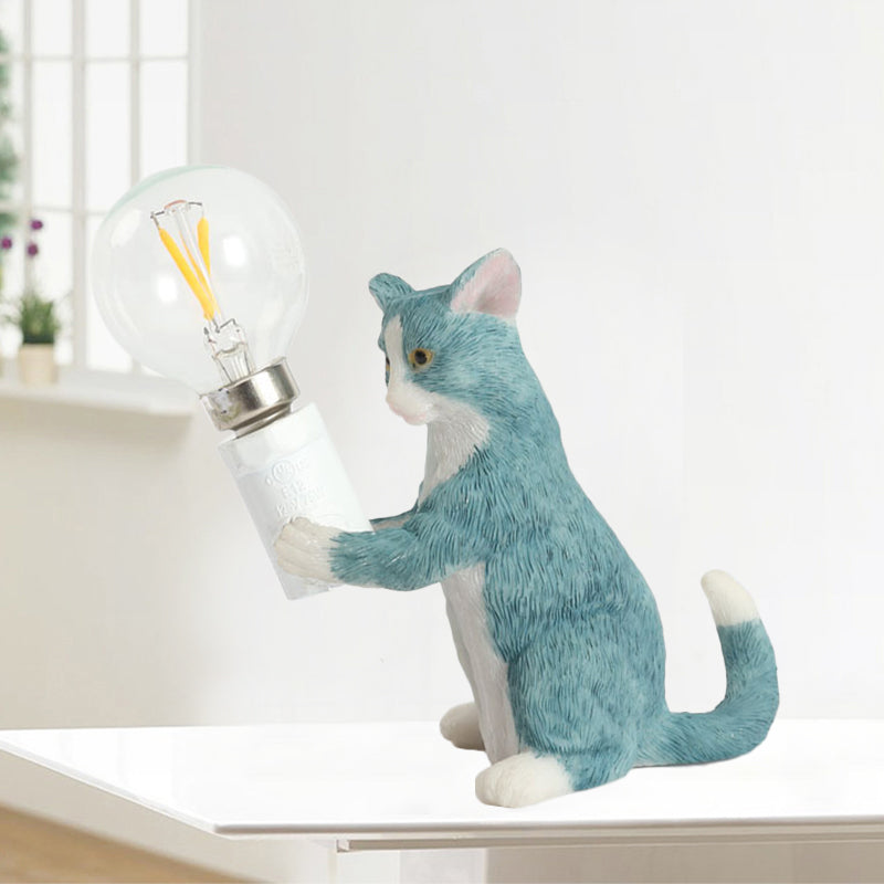 Tabby Cat Table Lamp for Kids - Iron Nightstand Light with Bare Bulb Design, Black/Yellow/Blue
