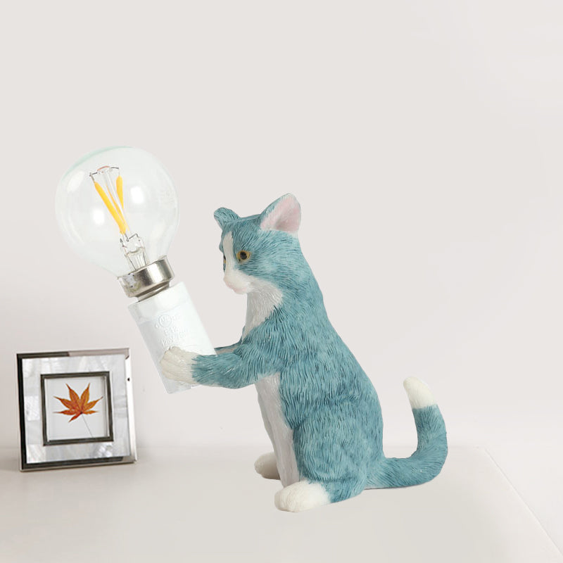 Tabby Cat Table Lamp for Kids - Iron Nightstand Light with Bare Bulb Design, Black/Yellow/Blue