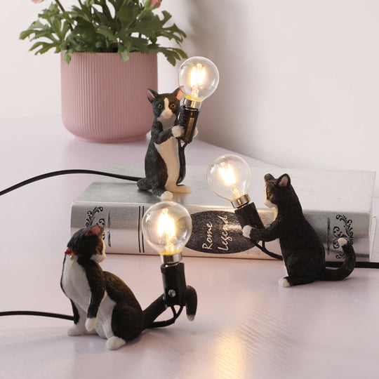 Tabby Cat Table Lamp for Kids - Iron Nightstand Light with Bare Bulb Design, Black/Yellow/Blue