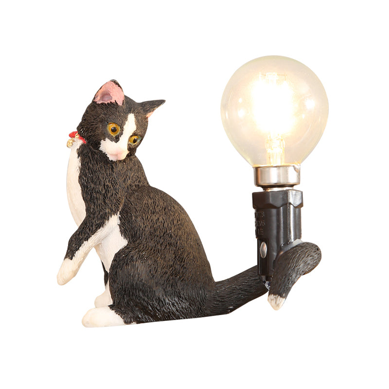 Tabby Cat Table Lamp for Kids - Iron Nightstand Light with Bare Bulb Design, Black/Yellow/Blue