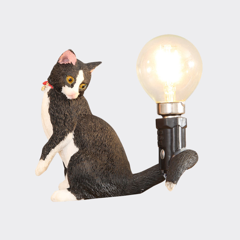 Tabby Cat Table Lamp for Kids - Iron Nightstand Light with Bare Bulb Design, Black/Yellow/Blue