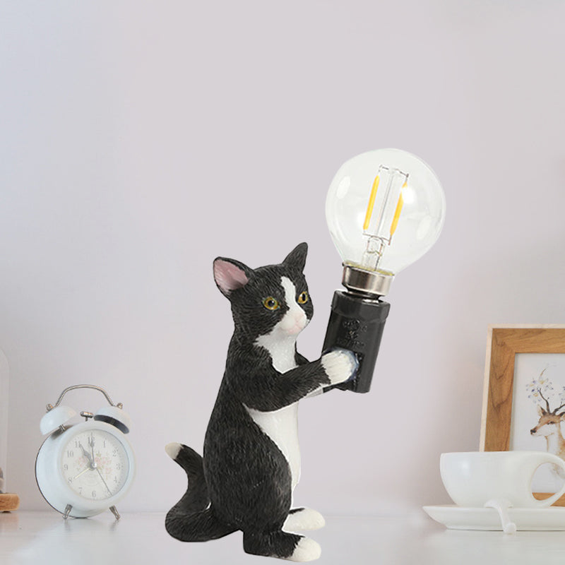 Tabby Cat Table Lamp for Kids - Iron Nightstand Light with Bare Bulb Design, Black/Yellow/Blue