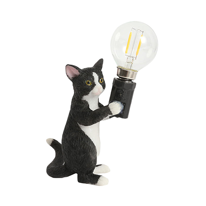 Tabby Cat Table Lamp for Kids - Iron Nightstand Light with Bare Bulb Design, Black/Yellow/Blue