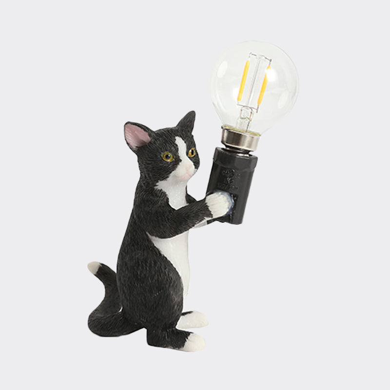 Tabby Cat Table Lamp for Kids - Iron Nightstand Light with Bare Bulb Design, Black/Yellow/Blue