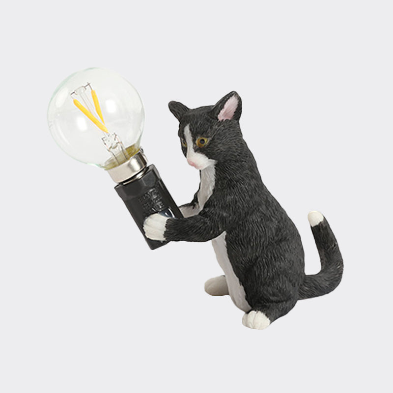 Tabby Cat Table Lamp for Kids - Iron Nightstand Light with Bare Bulb Design, Black/Yellow/Blue