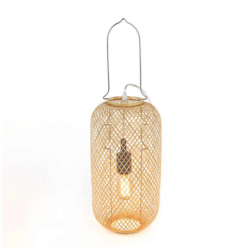 1-Head Asian-Style Flaxen Cylinder Cage Nightstand Lamp with Bamboo Rattan Shade