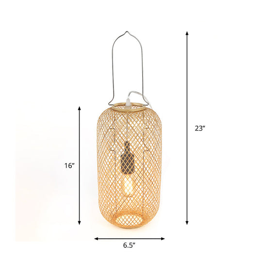 1-Head Asian-Style Flaxen Cylinder Cage Nightstand Lamp with Bamboo Rattan Shade