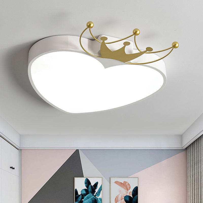 Kids' Pink/White Apple Ceiling Mount Light with Crown Ornament - LED Acrylic Flush-Mount Fixture