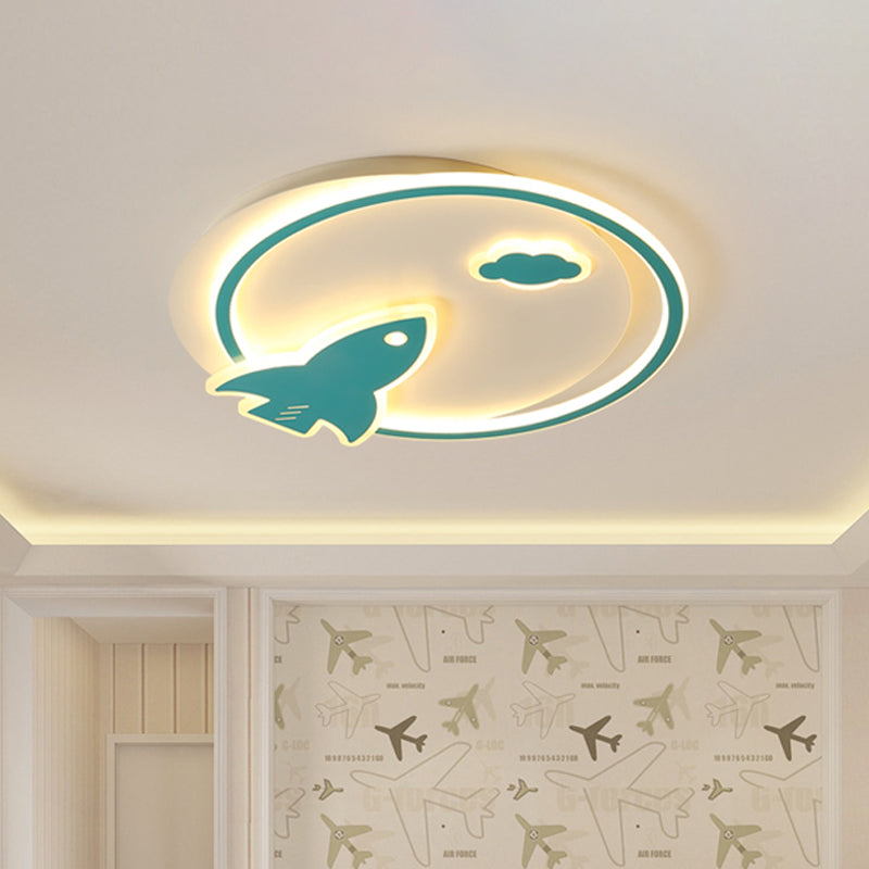 Blue Acrylic Thin Flush Light LED Ceiling Fixture - Kids Spaceship Design