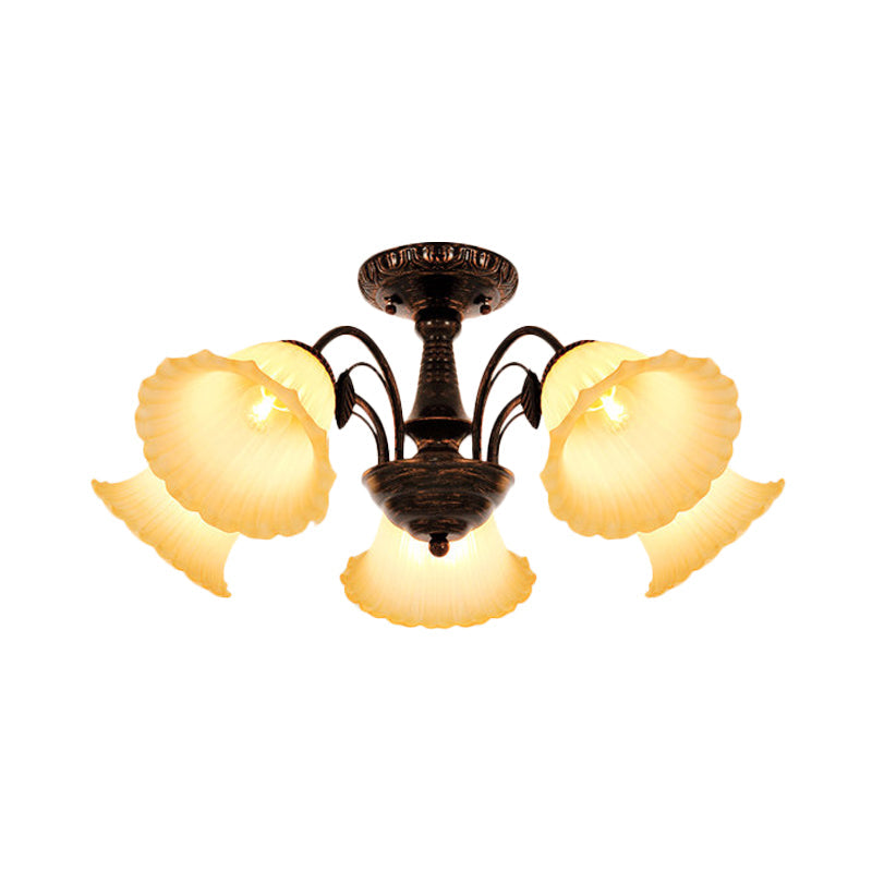 Bronze Countryside Blossom Ceiling Mount Light Fixture with Frosted Glass for Bedroom - 3/5 Lights Semi Flush