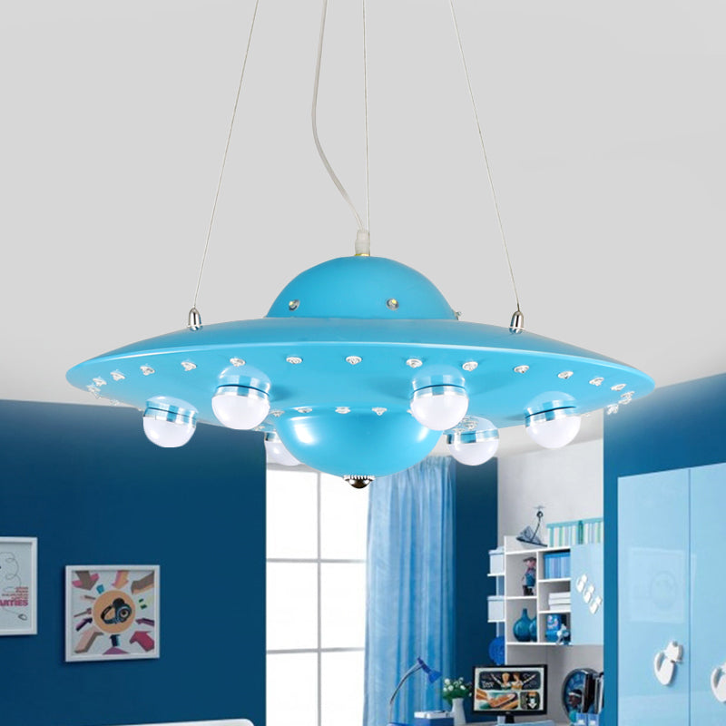 Nordic Flying Saucer LED Chandelier for Child's Bedroom - Metallic Pendant Lamp in Grey/Pink/Blue