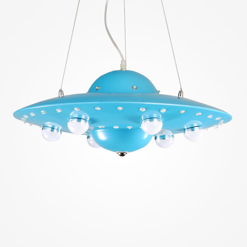 Nordic Flying Saucer LED Chandelier for Child's Bedroom - Metallic Pendant Lamp in Grey/Pink/Blue
