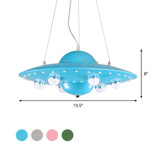 Nordic Flying Saucer LED Chandelier for Child's Bedroom - Metallic Pendant Lamp in Grey/Pink/Blue