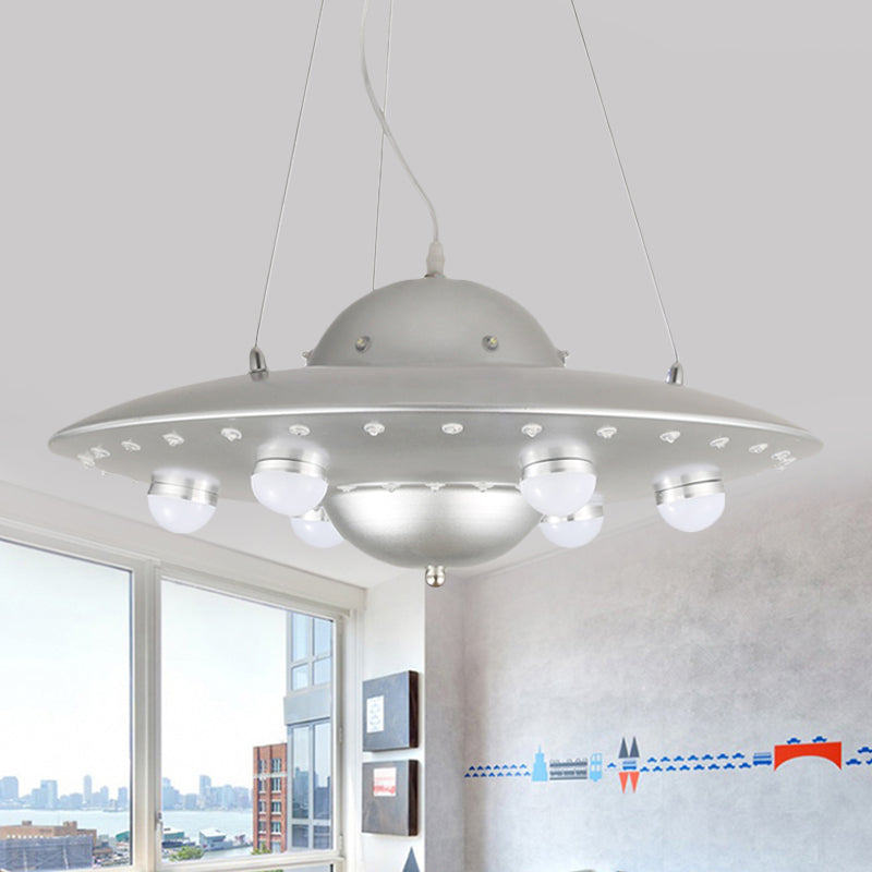 Nordic Flying Saucer LED Chandelier for Child's Bedroom - Metallic Pendant Lamp in Grey/Pink/Blue