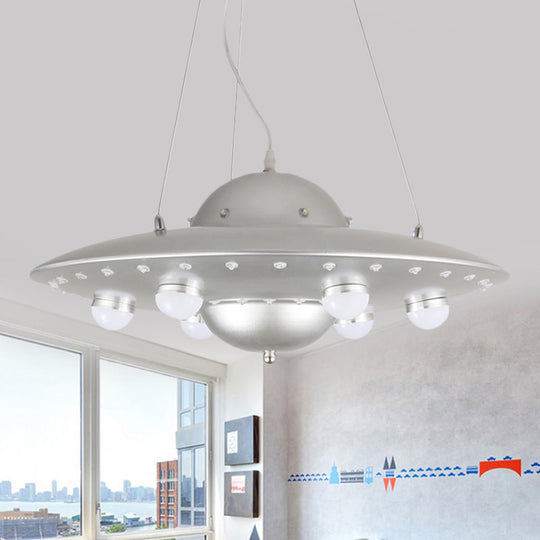 Nordic Flying Saucer LED Chandelier for Child's Bedroom - Metallic Pendant Lamp in Grey/Pink/Blue