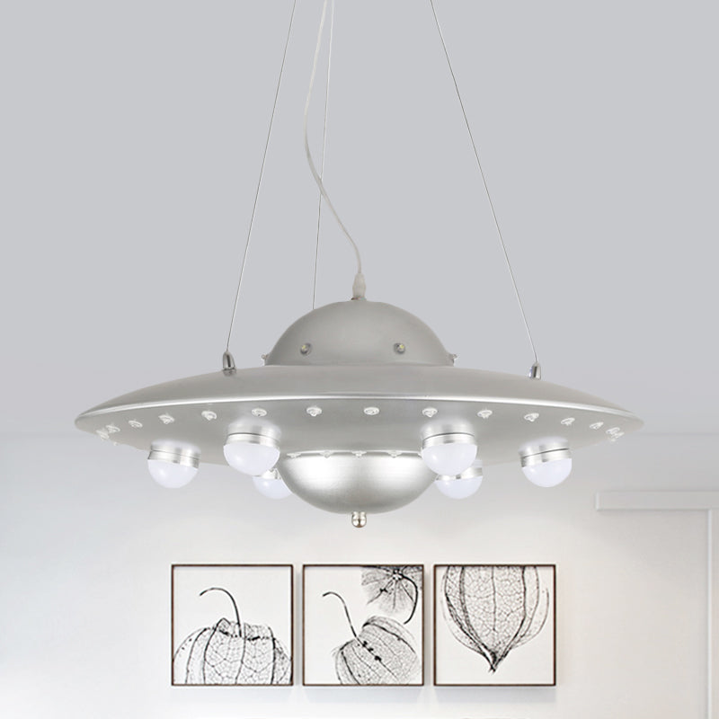 Nordic Flying Saucer LED Chandelier for Child's Bedroom - Metallic Pendant Lamp in Grey/Pink/Blue