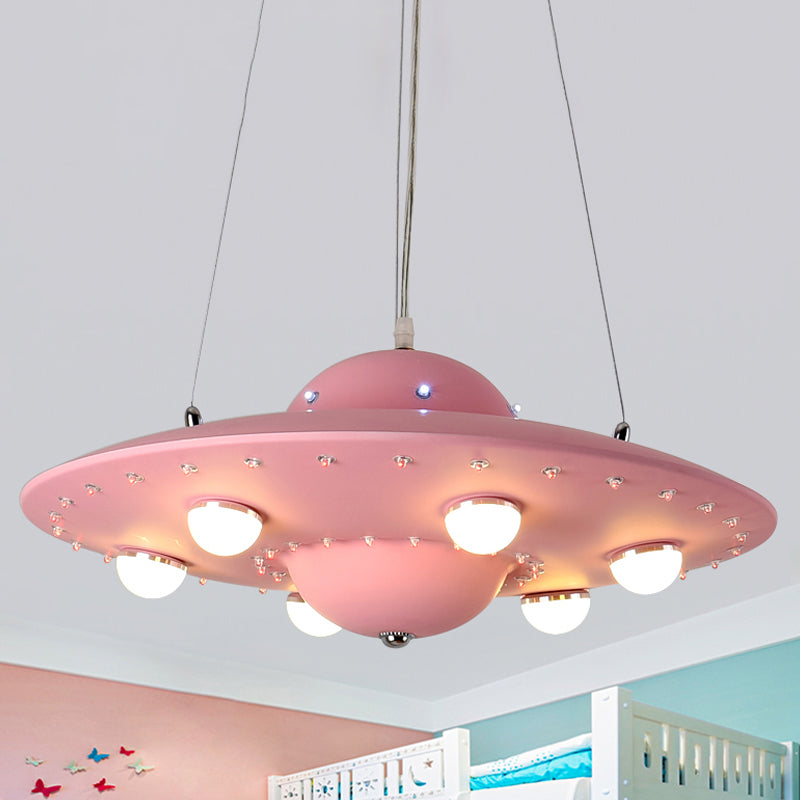 Nordic Flying Saucer LED Chandelier for Child's Bedroom - Metallic Pendant Lamp in Grey/Pink/Blue