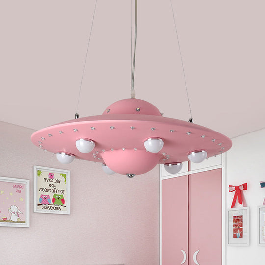 Nordic Flying Saucer LED Chandelier for Child's Bedroom - Metallic Pendant Lamp in Grey/Pink/Blue