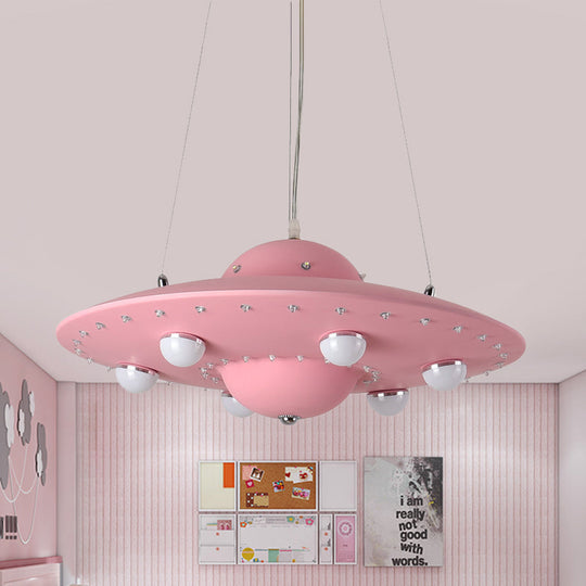 Nordic Flying Saucer LED Chandelier for Child's Bedroom - Metallic Pendant Lamp in Grey/Pink/Blue