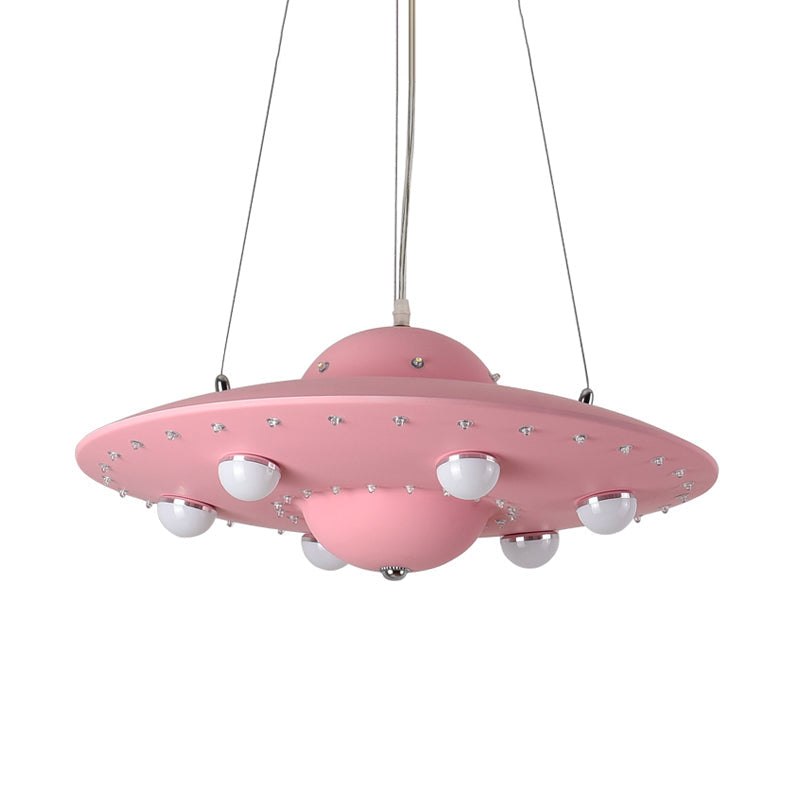 Nordic Flying Saucer LED Chandelier for Child's Bedroom - Metallic Pendant Lamp in Grey/Pink/Blue