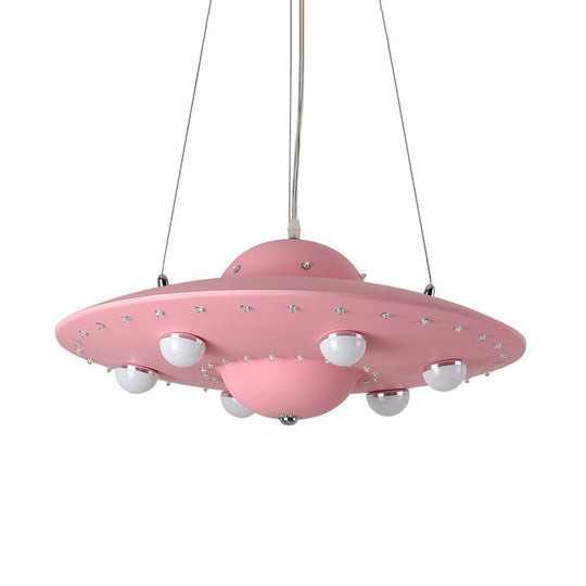 Nordic Flying Saucer LED Chandelier for Child's Bedroom - Metallic Pendant Lamp in Grey/Pink/Blue