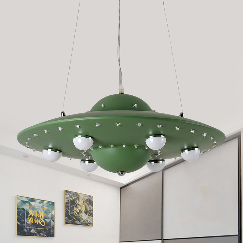 Nordic Flying Saucer LED Chandelier for Child's Bedroom - Metallic Pendant Lamp in Grey/Pink/Blue
