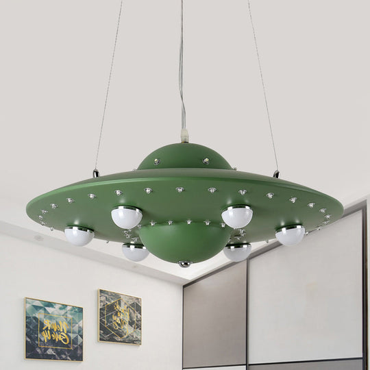 Nordic Flying Saucer LED Chandelier for Child's Bedroom - Metallic Pendant Lamp in Grey/Pink/Blue