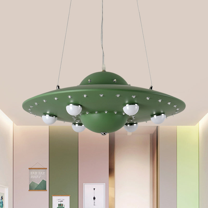 Nordic Flying Saucer LED Chandelier for Child's Bedroom - Metallic Pendant Lamp in Grey/Pink/Blue