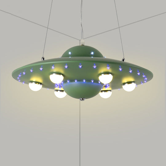 Nordic Flying Saucer LED Chandelier for Child's Bedroom - Metallic Pendant Lamp in Grey/Pink/Blue