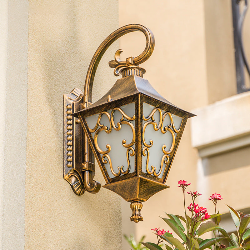 Ivory Glass Bronze Wall Lamp Lantern - Outdoor Countryside Sconce Light Fixture
