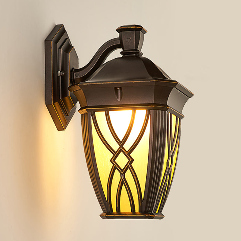 Frosted Glass Sconce Countryside Outdoor Wall Lighting - Curved Arm, Coffee Finish - 1 Bulb
