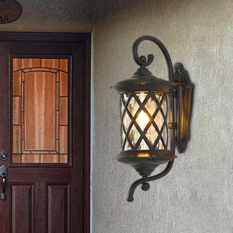 Rustic Outdoor Wall Light - Clear Ripple Glass, Black Sconce - 1 Head - Curling Arm Design