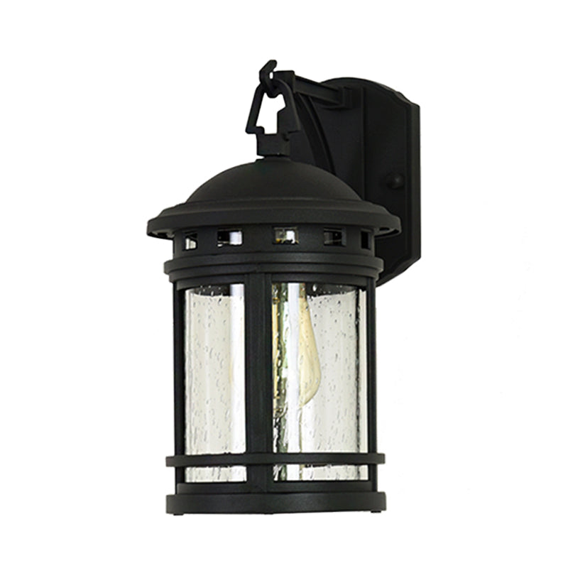 Rustic Outdoor Wall Lantern Sconce with Clear Seeded Glass, Metal Frame in Coffee/Black - 1 Light
